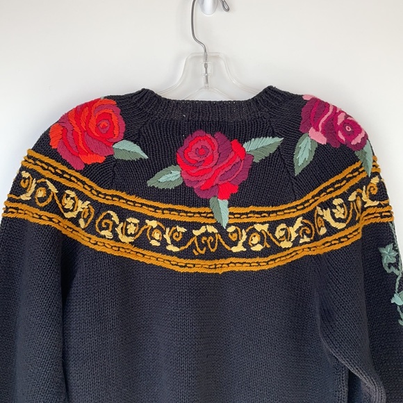 VTG Knitting Needles Hand-Knit /Embroidered Ramie Cotton Black Floral Sweater - Picture 7 of 11